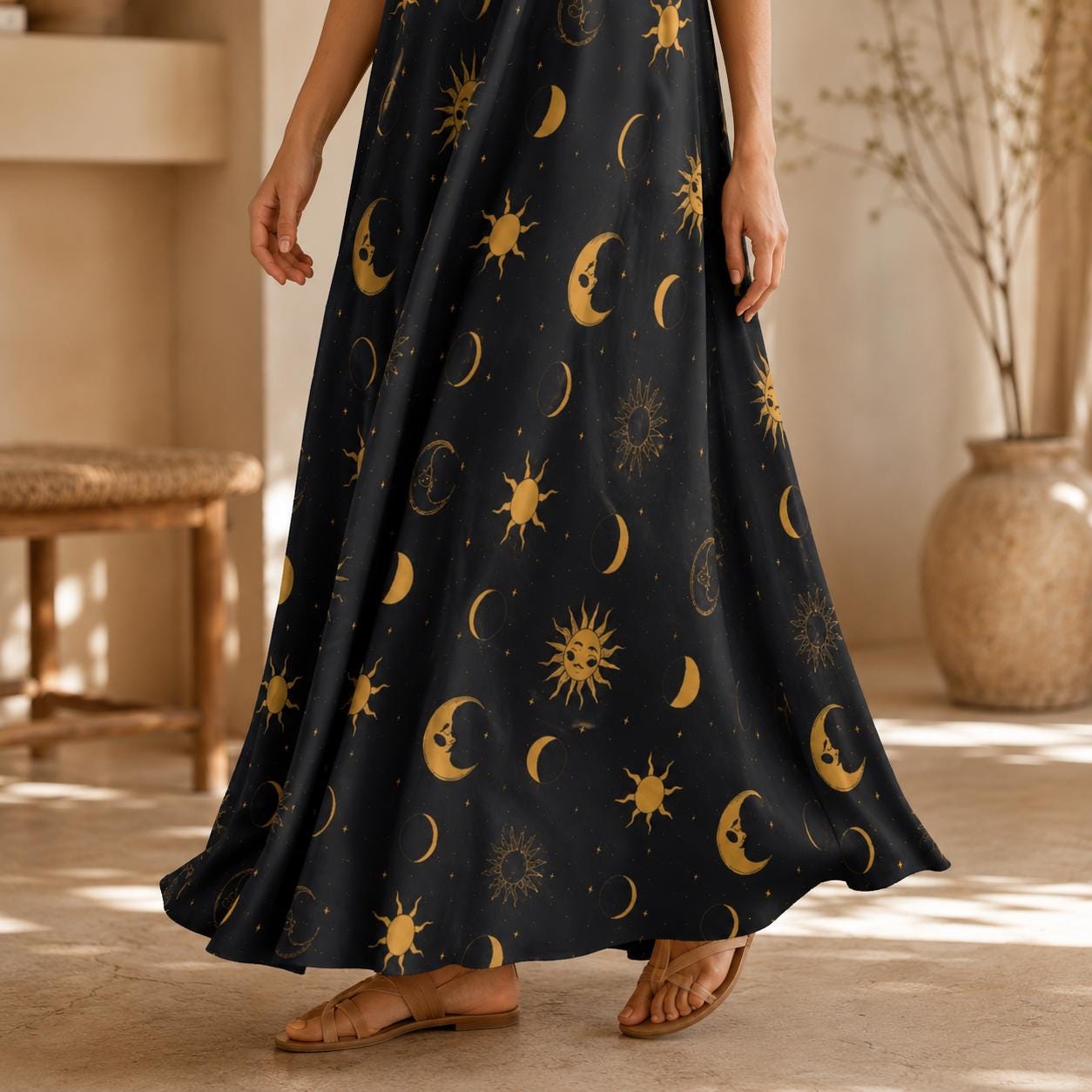 Black Gold Celestial Maxi Dress, Sun Moon Boho Sundress, Flowy Festival Beach Style