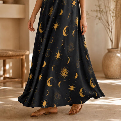Black Gold Celestial Maxi Dress, Sun Moon Boho Sundress, Flowy Festival Beach Style