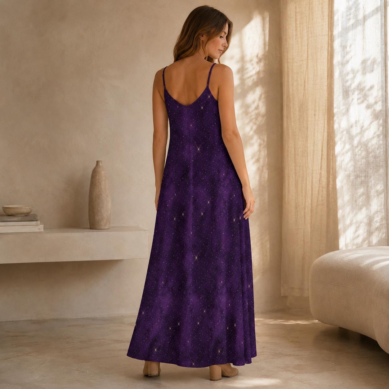 Purple Galaxy Celestial Maxi Dress, Witchy Cosmic Star Print Sundress