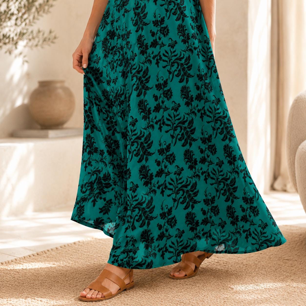 Teal Floral Maxi Dress, Black Damask Print, Spaghetti Strap Sundress, Gothic Style