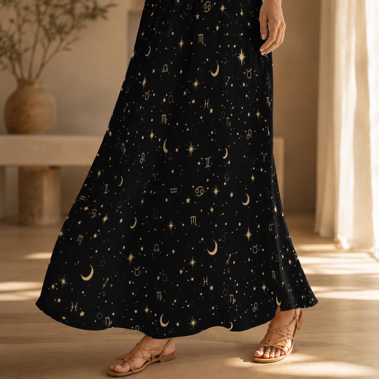 Black Celestial Maxi Dress, Zodiac Moon Star Whimsigoth Sundress