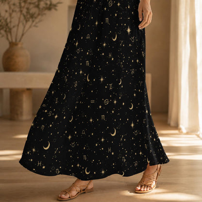 Black Celestial Maxi Dress, Zodiac Moon Star Whimsigoth Sundress
