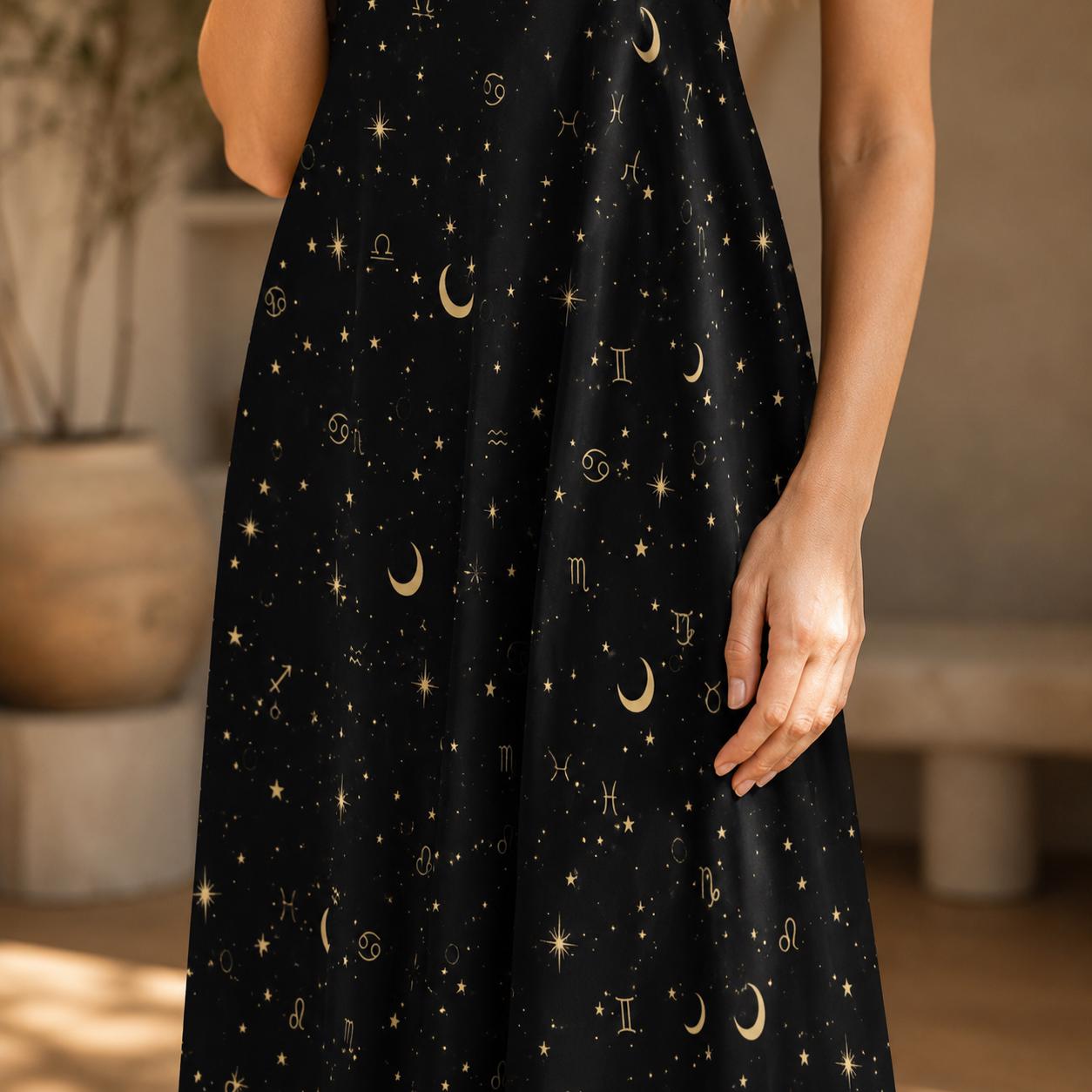 Black Celestial Maxi Dress, Zodiac Moon Star Whimsigoth Sundress
