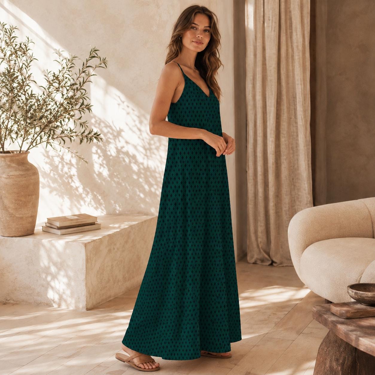 Emerald Green Diamond Print Boho Maxi Dress, Flowy V Neck Sundress
