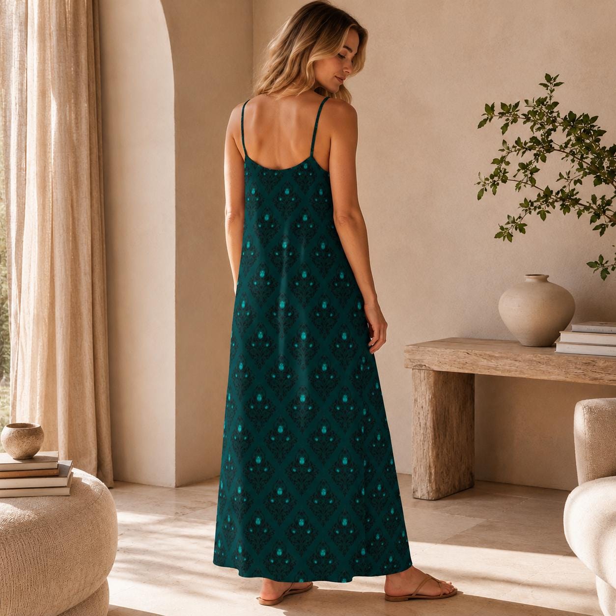 Whimsigoth Teal Damask Maxi Dress, Dark Feminine V Neck Slip Sundress