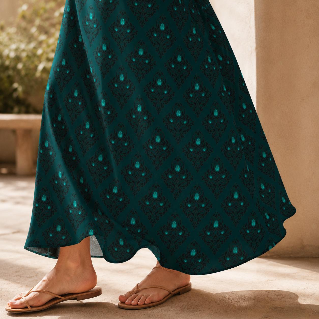 Whimsigoth Teal Damask Maxi Dress, Dark Feminine V Neck Slip Sundress