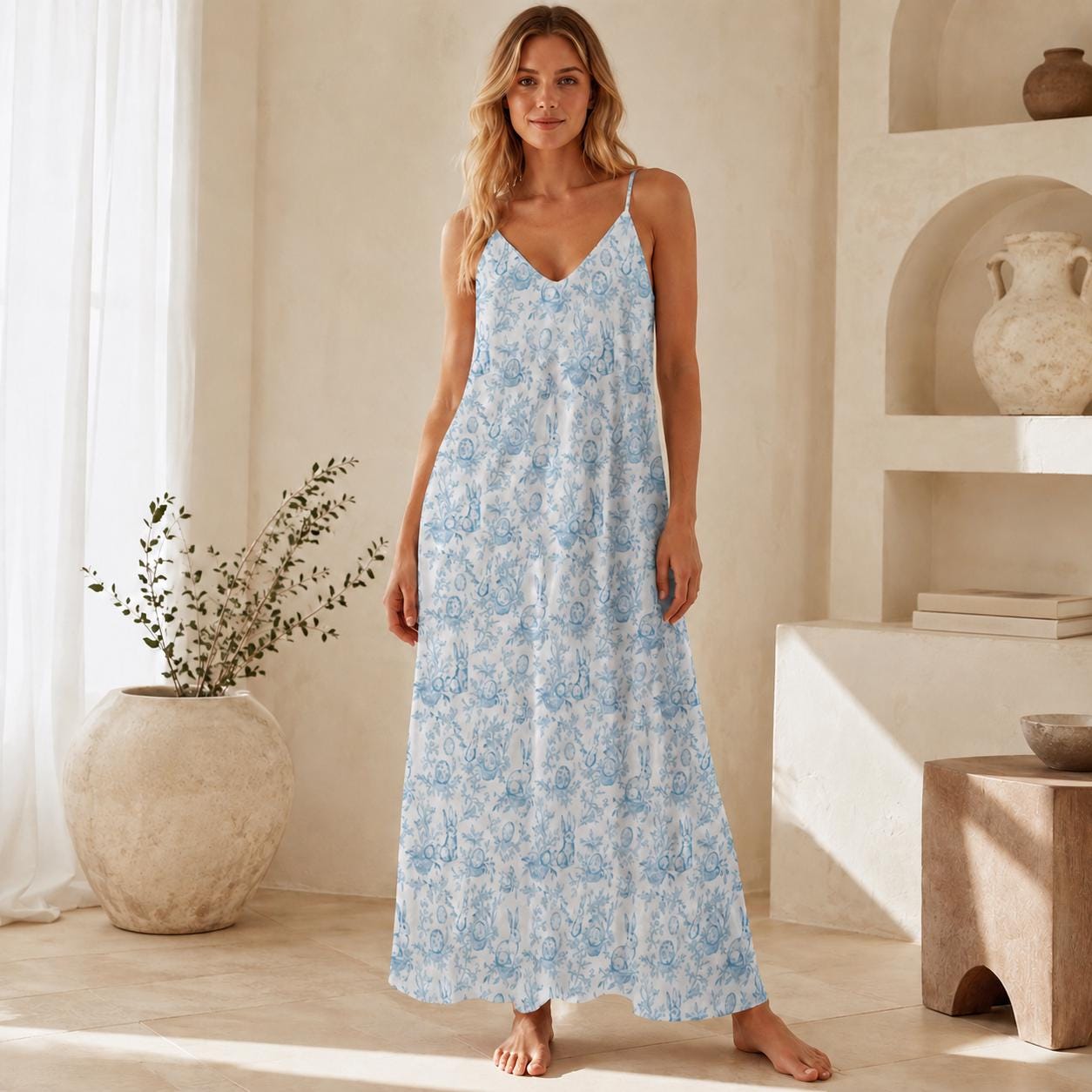 Blue Toile Bunny Print Maxi Dress, Grandmillennial Easter Sundress