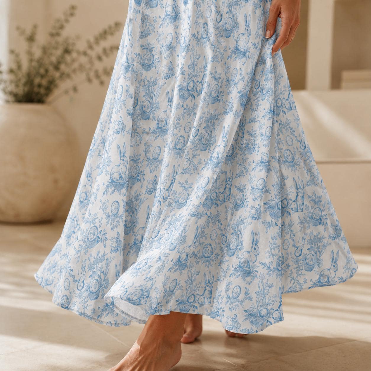 Blue Toile Bunny Print Maxi Dress, Grandmillennial Easter Sundress