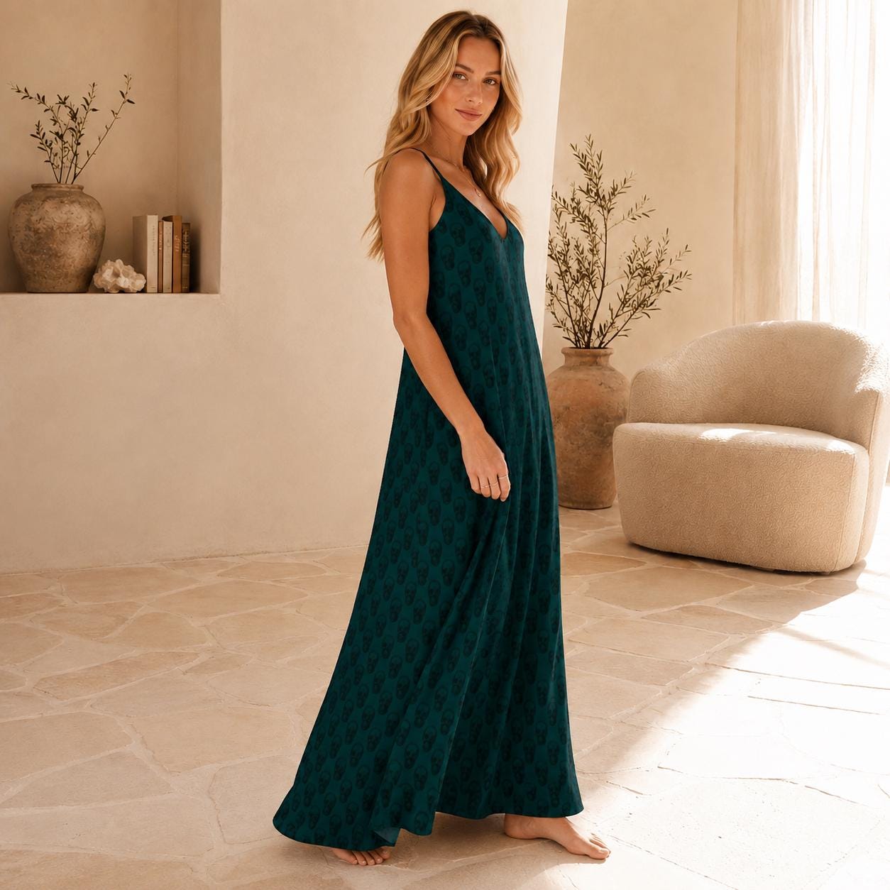 Emerald Green Skull Print Maxi Dress, Flowy V-Neck Cami Sundress