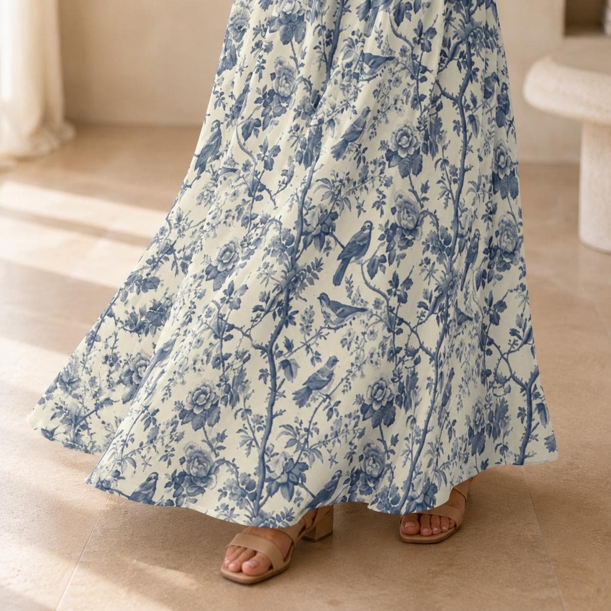 Chinoiserie Maxi Dress, Blue Floral Bird Print Sundress, Grandmillennial Coastal Wedding Guest