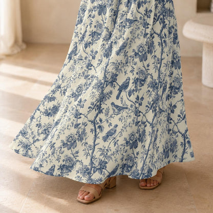 Chinoiserie Maxi Dress, Blue Floral Bird Print Sundress, Grandmillennial Coastal Wedding Guest