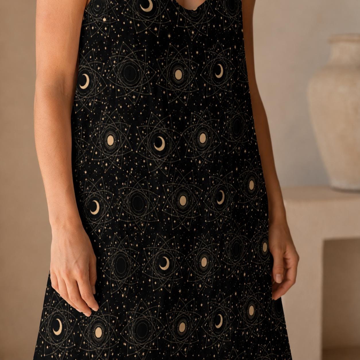 Black Moon and Star Print Maxi Dress with Spaghetti Straps