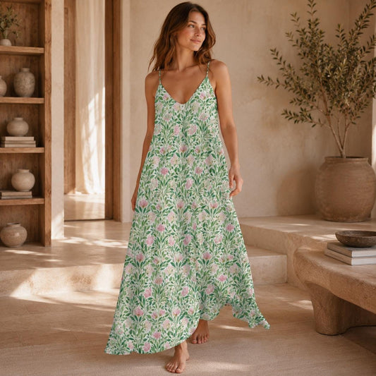 Cottagecore Maxi Dress, Green Pink Botanical Garden Print Sundress, Flowy Cami Slip Dress