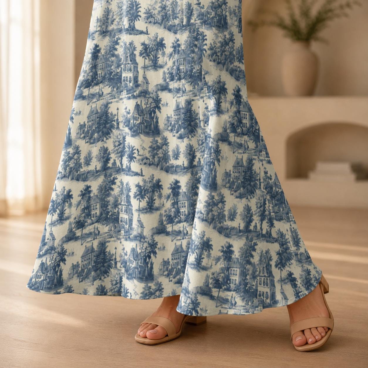 Blue Toile Maxi Dress, French Country Cottage Print Slip Sundress