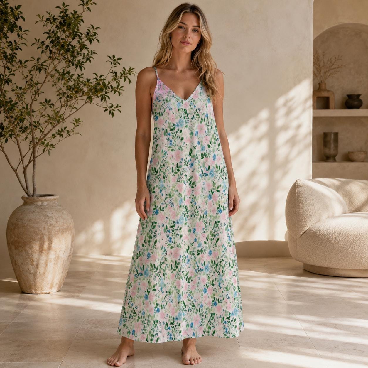 Watercolor Floral Maxi Dress, Blue Pink Ditsy Print Sundress, Summer Vacation Cami Slip