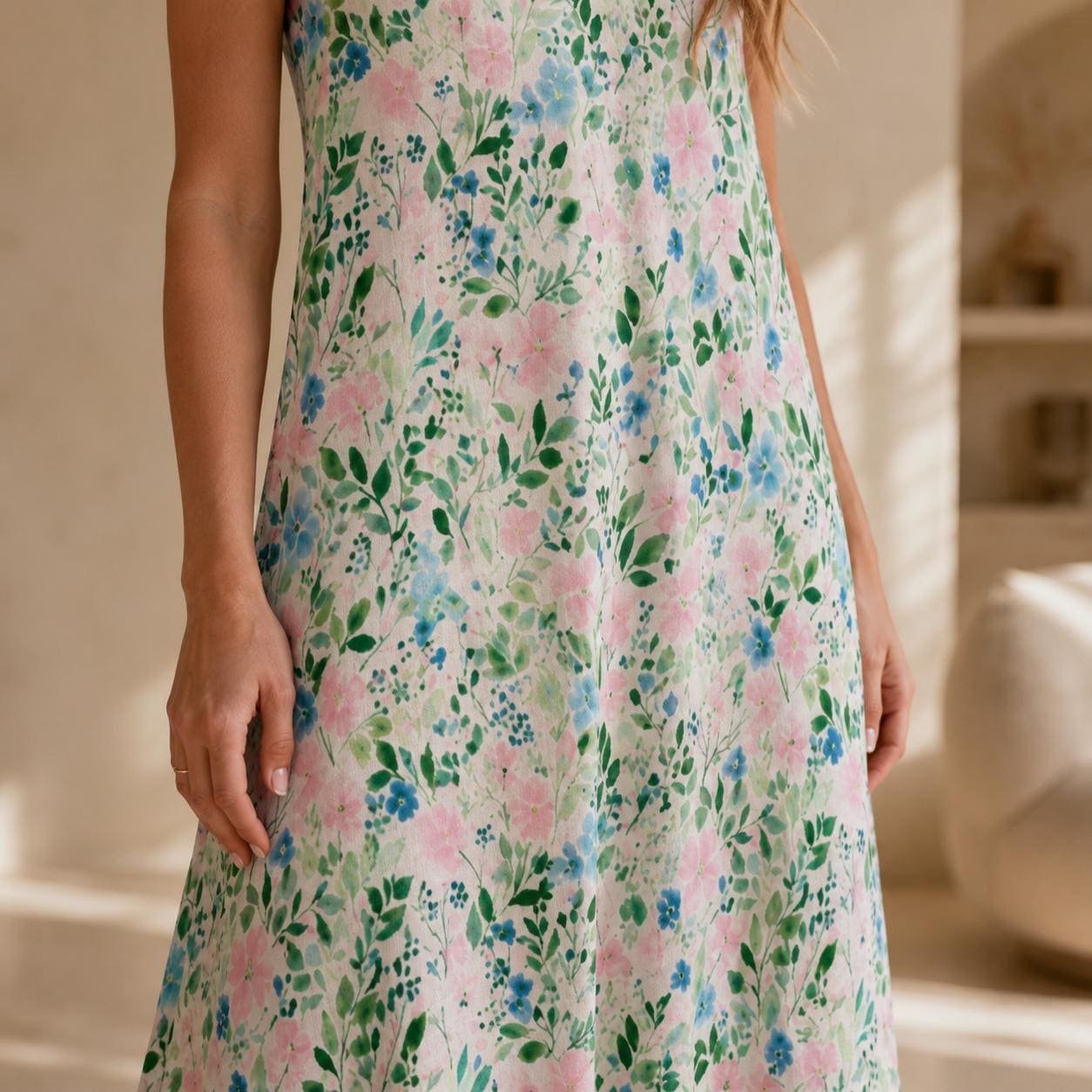 Watercolor Floral Maxi Dress, Blue Pink Ditsy Print Sundress, Summer Vacation Cami Slip