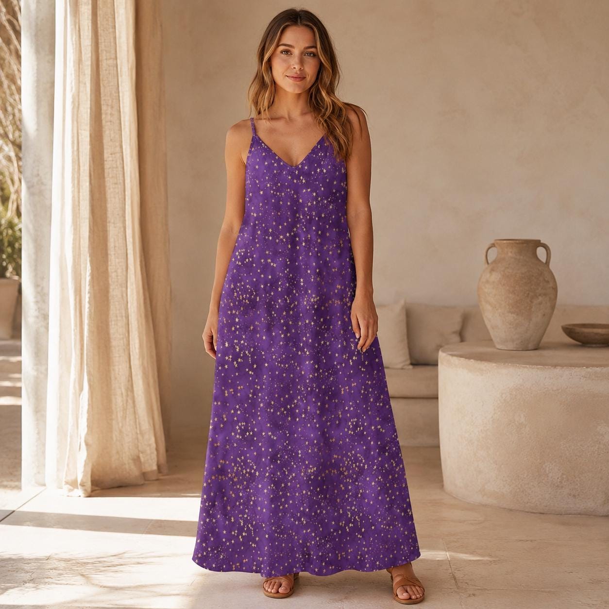 Celestial Maxi Dress, Purple Star Print, V-Neck Cami Sundress, Flowy Festival Wear
