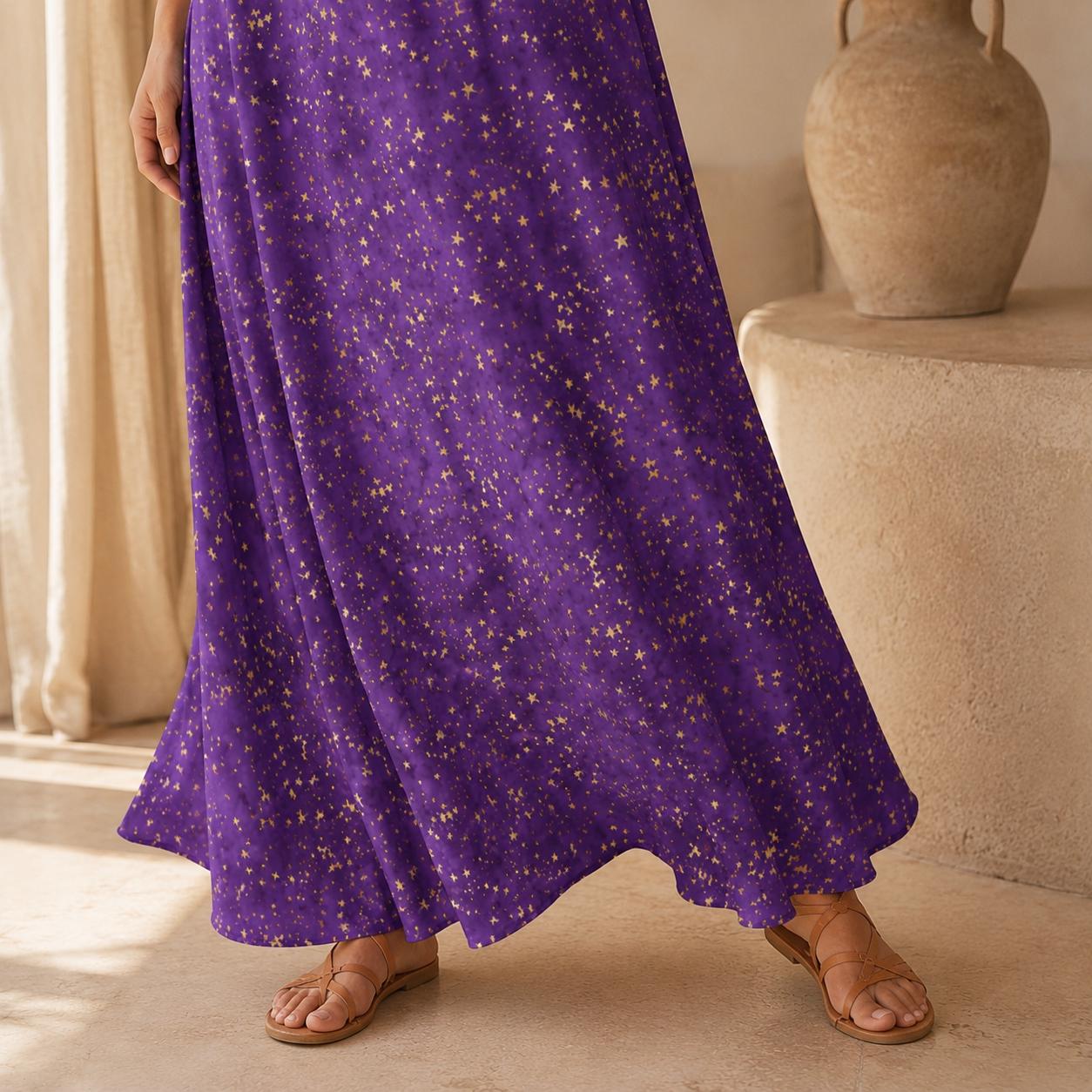 Celestial Maxi Dress, Purple Star Print, V-Neck Cami Sundress, Flowy Festival Wear