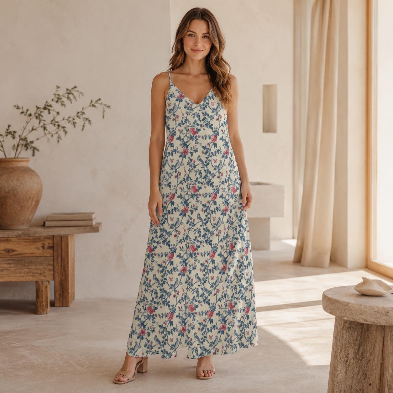 Vintage Floral Maxi Dress, Cream Rose Bird Print Sundress, Cottagecore Style