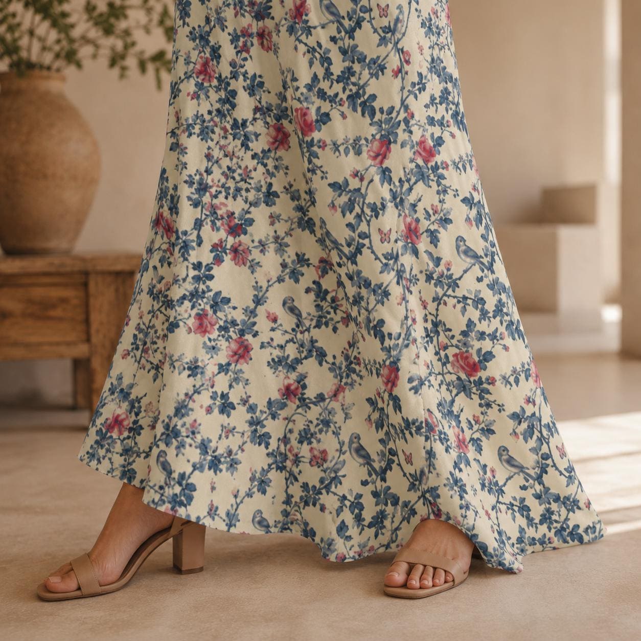 Vintage Floral Maxi Dress, Cream Rose Bird Print Sundress, Cottagecore Style