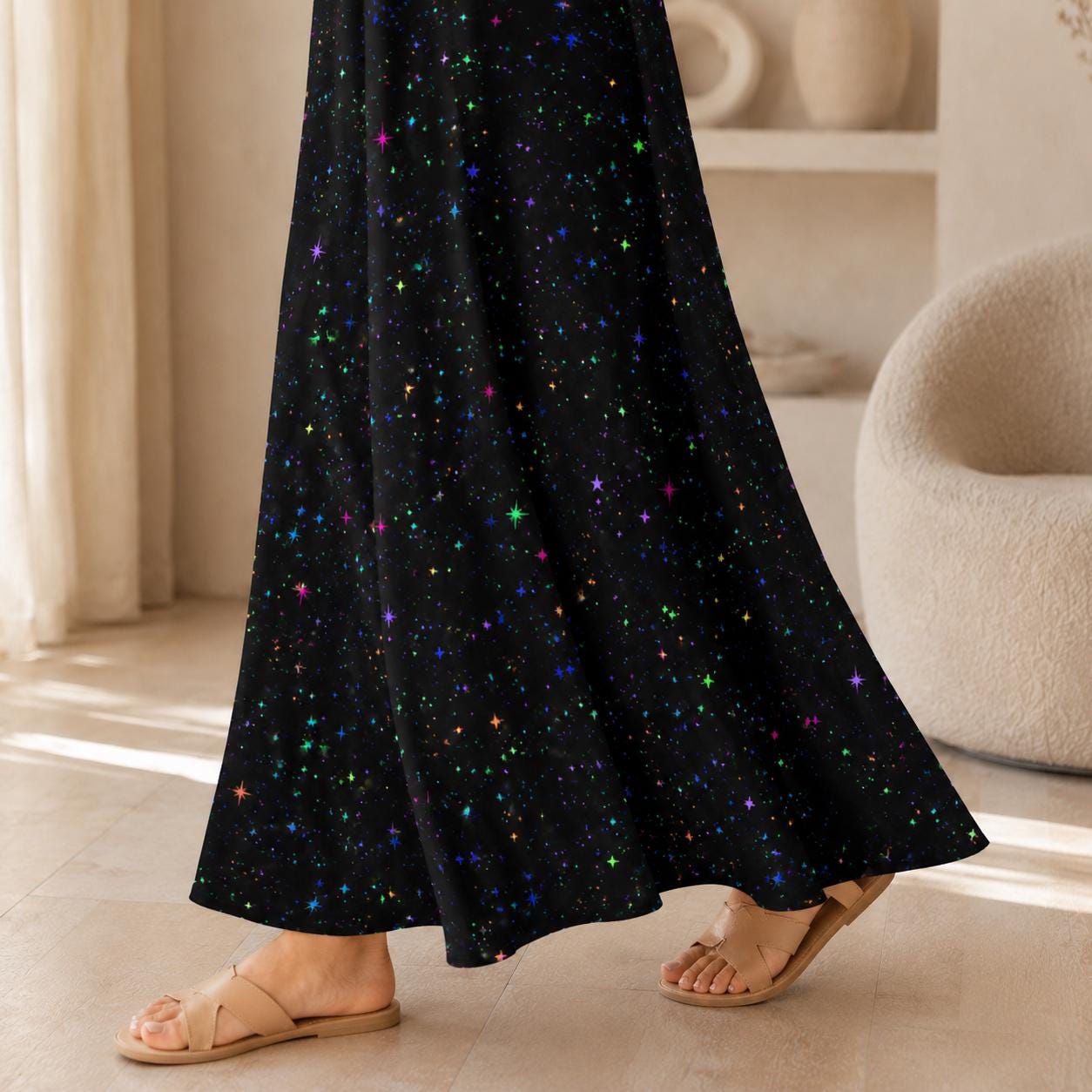 Black Rainbow Star Maxi Dress, Galaxy Print Celestial Sundress, Festival Concert Wear