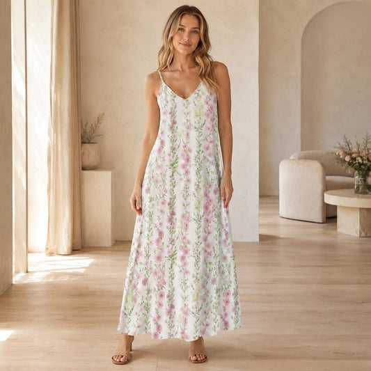 Cottagecore Maxi Dress, Pink Watercolor Floral Slip Sundress, Spring Wedding Guest Summer Dress