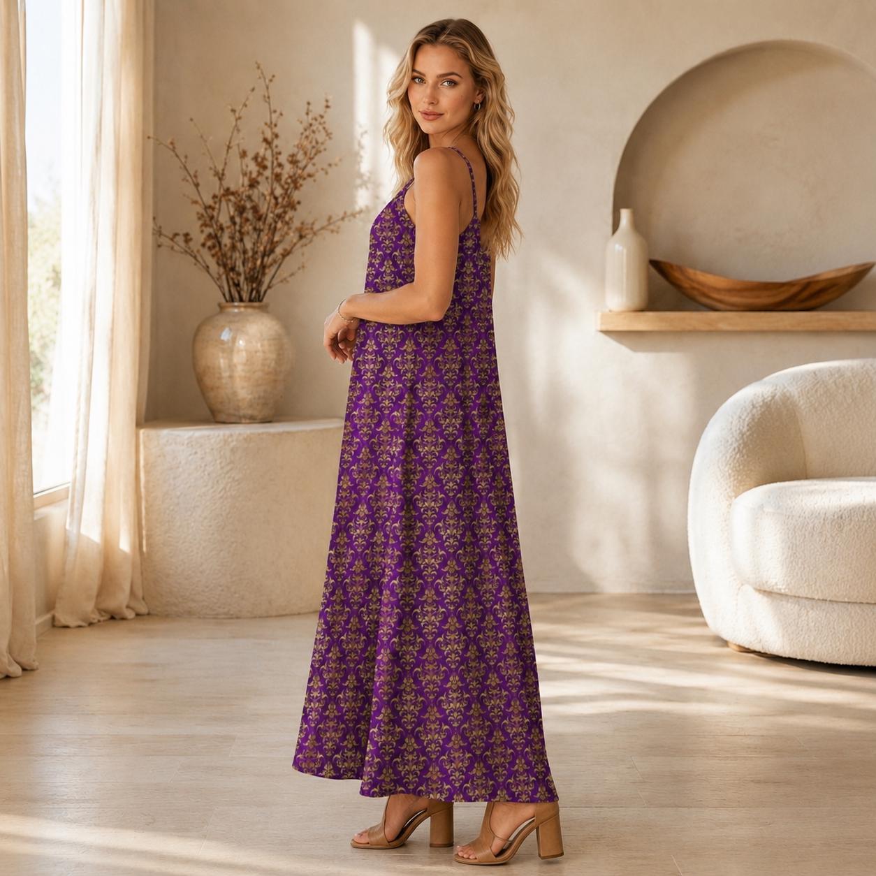 Purple Damask Maxi Dress, Royal Gold Baroque Print, Mardi Gras Festival Sundress