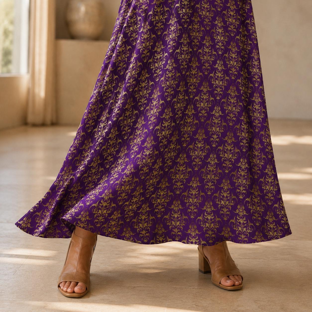 Purple Damask Maxi Dress, Royal Gold Baroque Print, Mardi Gras Festival Sundress