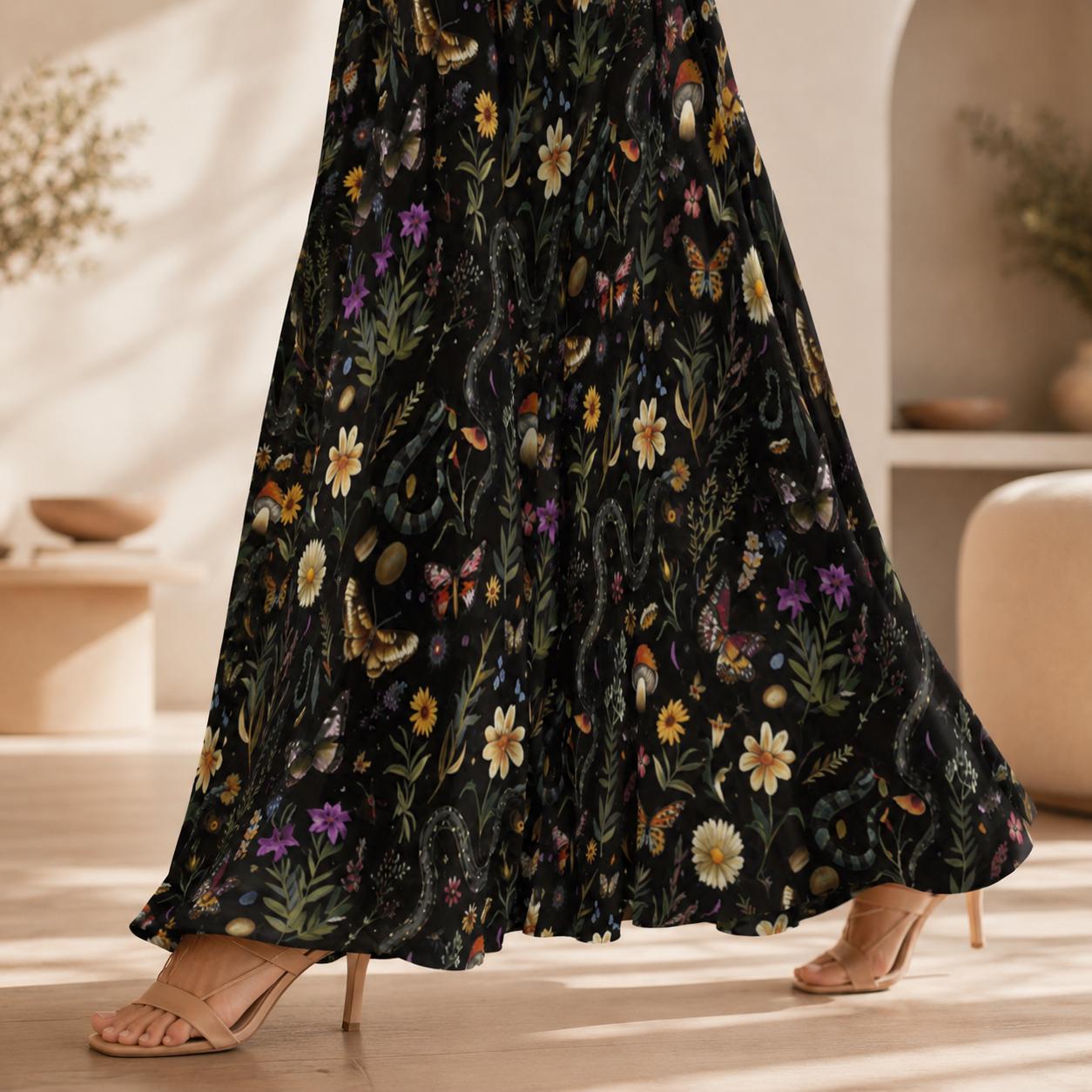 Mushroom Botanical Print Maxi Dress, Dark Cottagecore Slip Sundress Butterflies