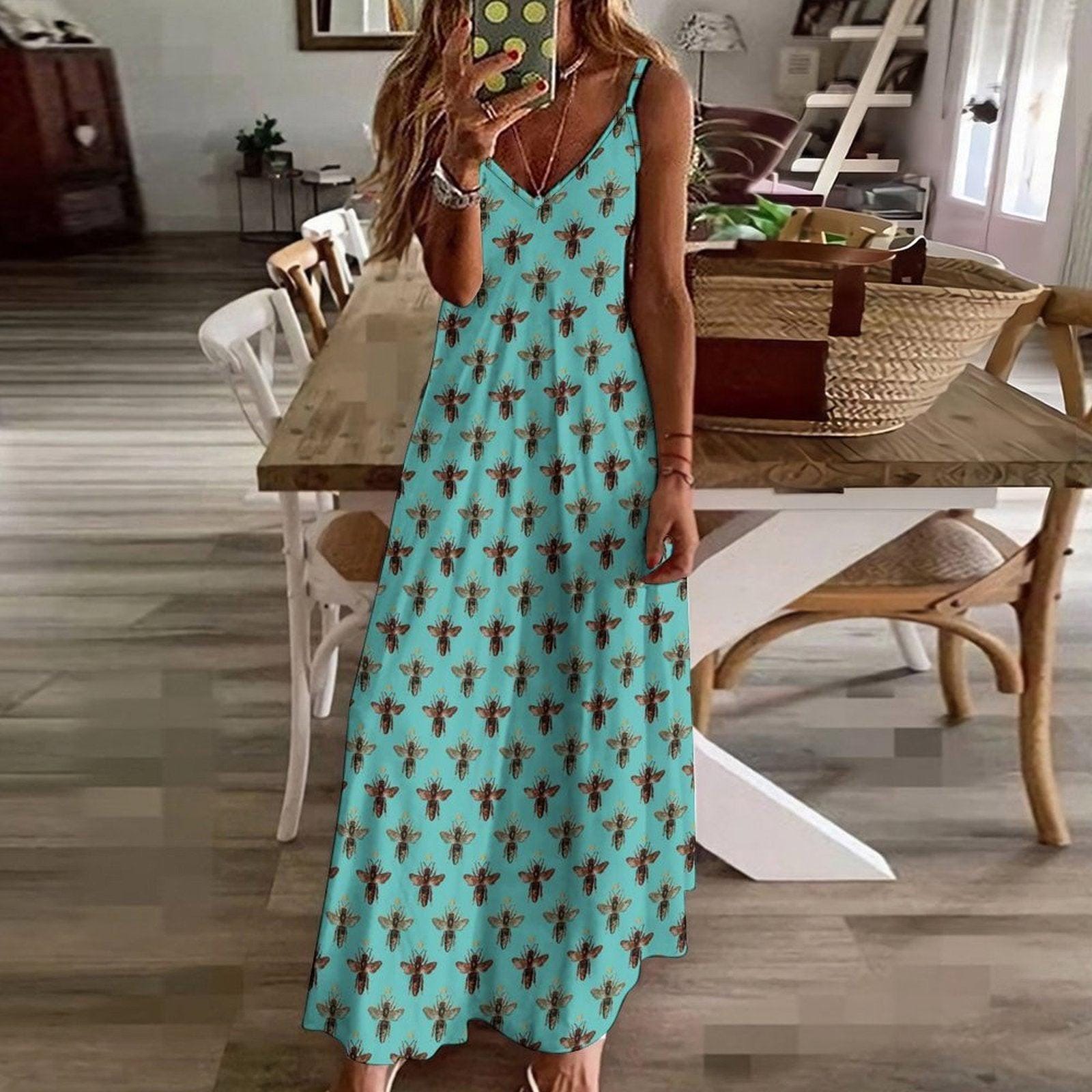 Teal Boho Block Print Maxi Dress, Spaghetti Strap Summer Sundress
