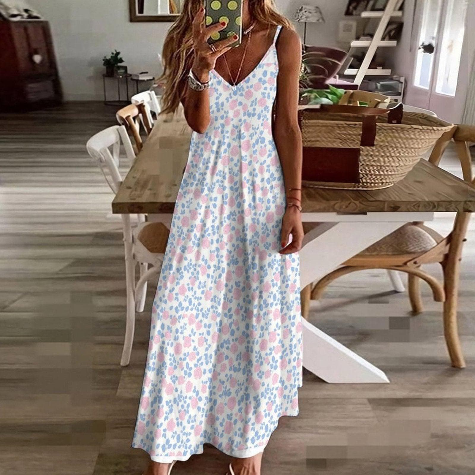 Ditsy Floral Maxi Dress, White Blue Pink Sleeveless Summer Sundress