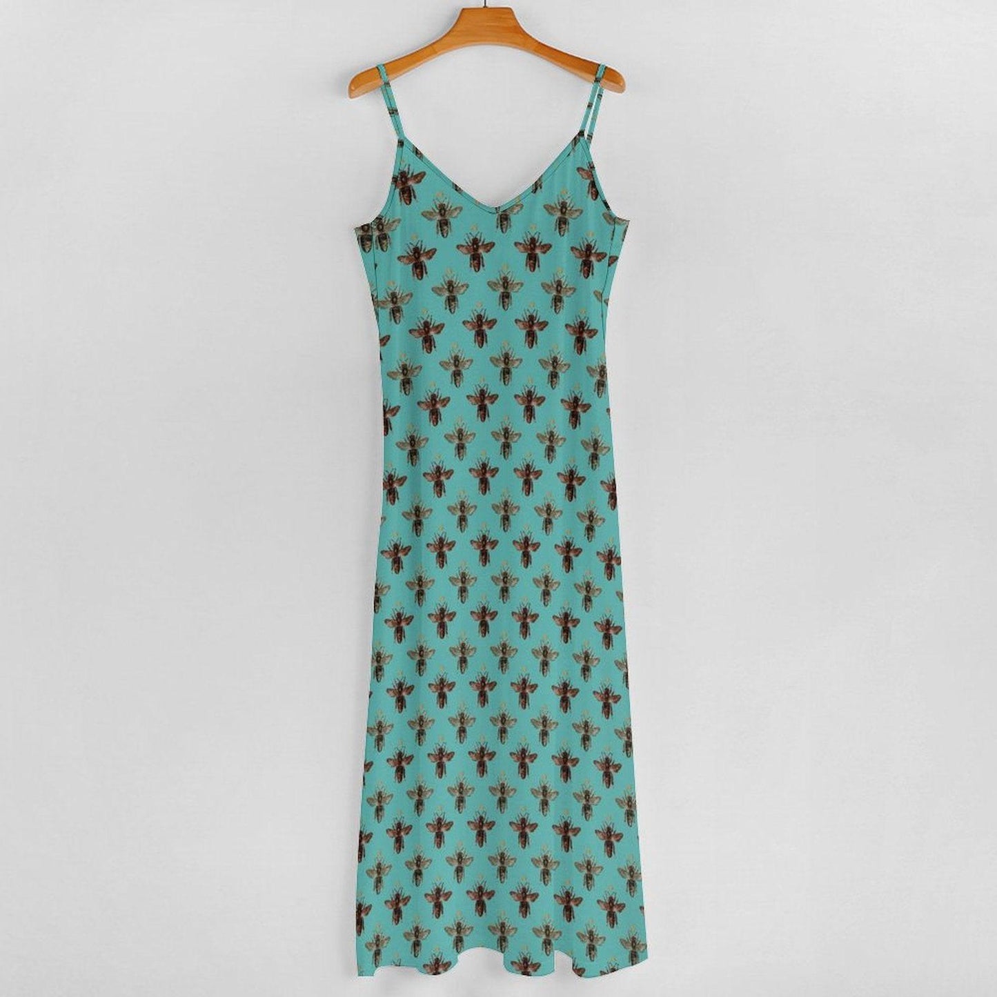 Teal Boho Block Print Maxi Dress, Spaghetti Strap Summer Sundress