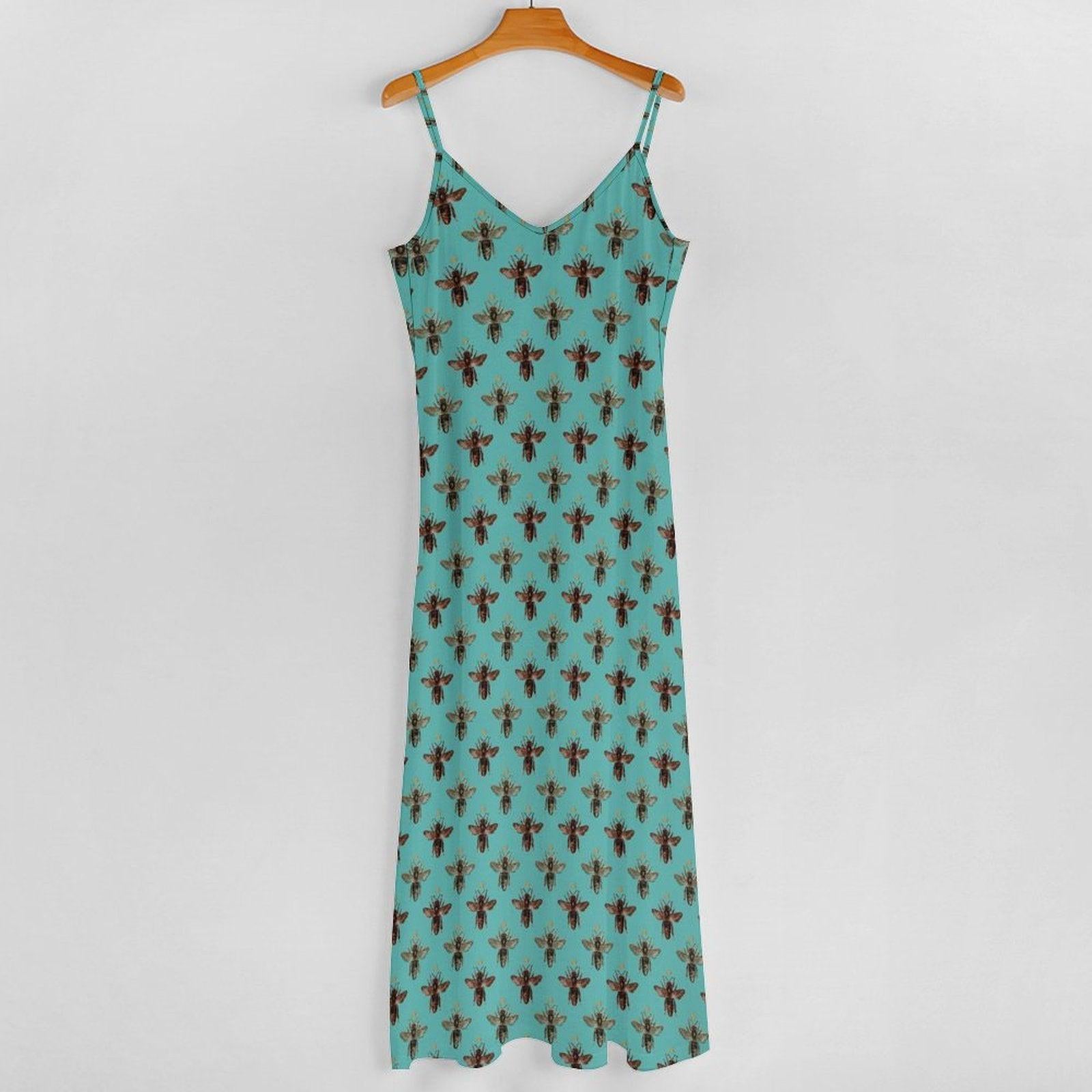 Teal Boho Block Print Maxi Dress, Spaghetti Strap Summer Sundress