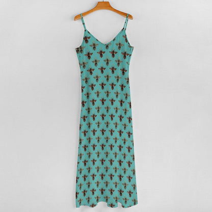 Teal Boho Block Print Maxi Dress, Spaghetti Strap Summer Sundress