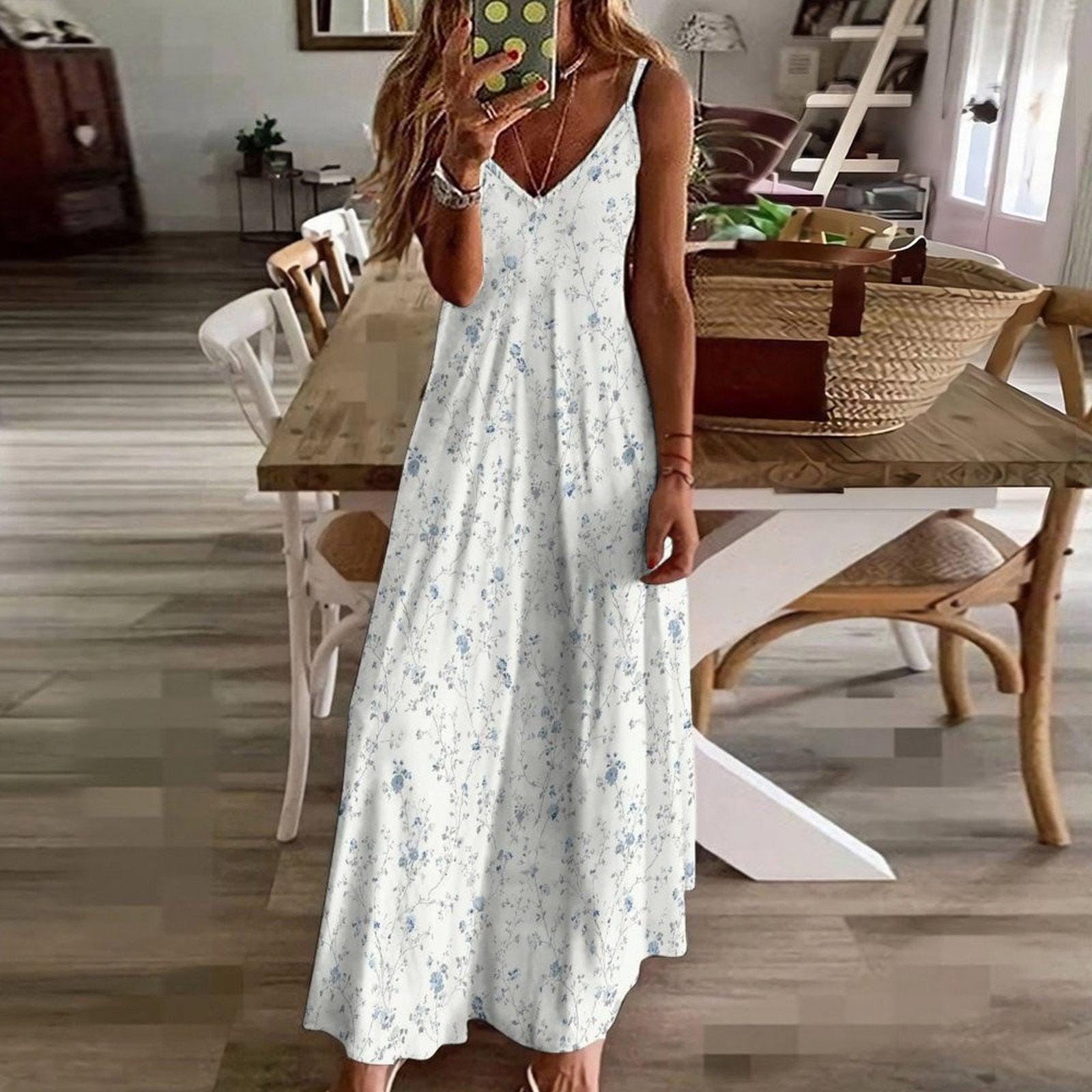 Blue Ditsy Floral Maxi Dress, White Spaghetti Strap Sundress, Coastal Cottage Style