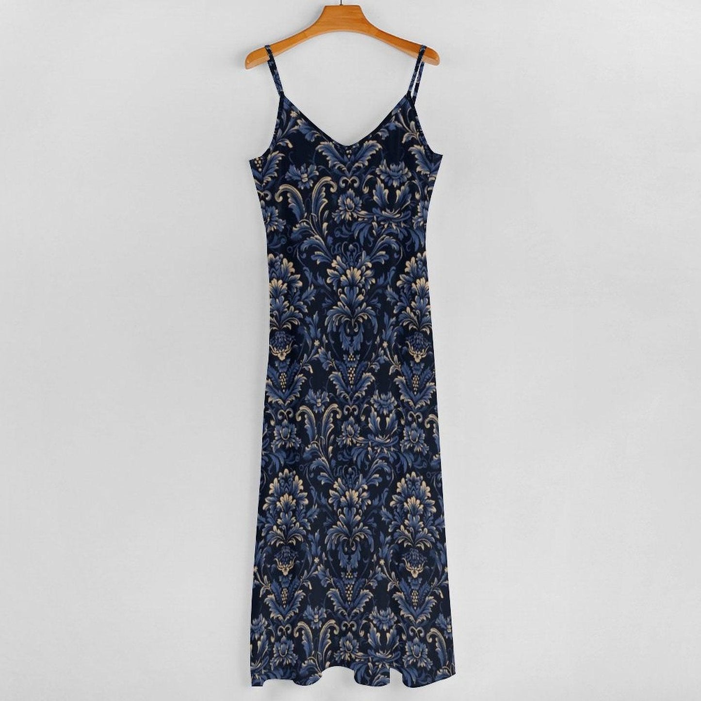 Navy Blue Damask Print Maxi Dress, Boho Sleeveless Summer Sundress