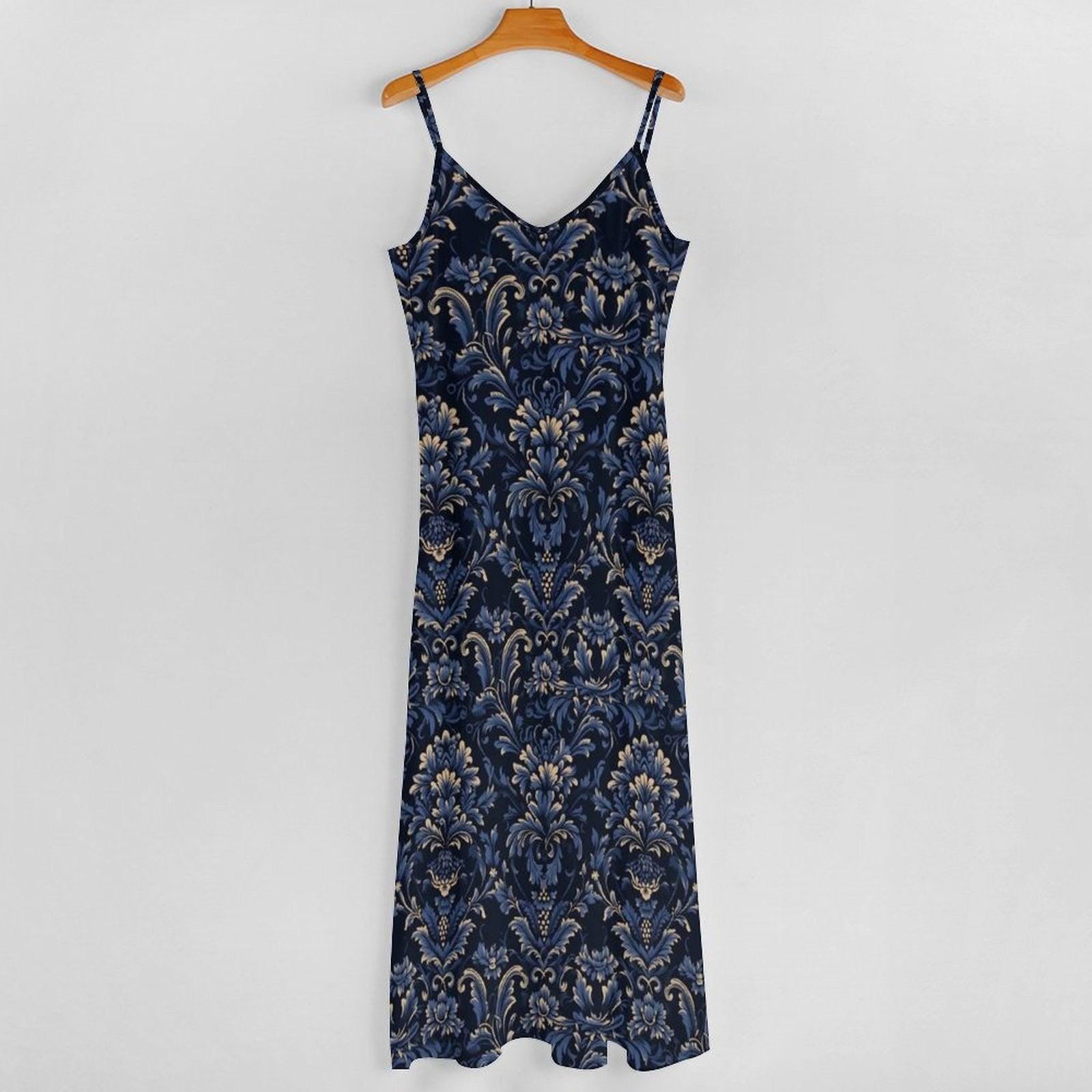 Navy Blue Damask Print Maxi Dress, Boho Sleeveless Summer Sundress