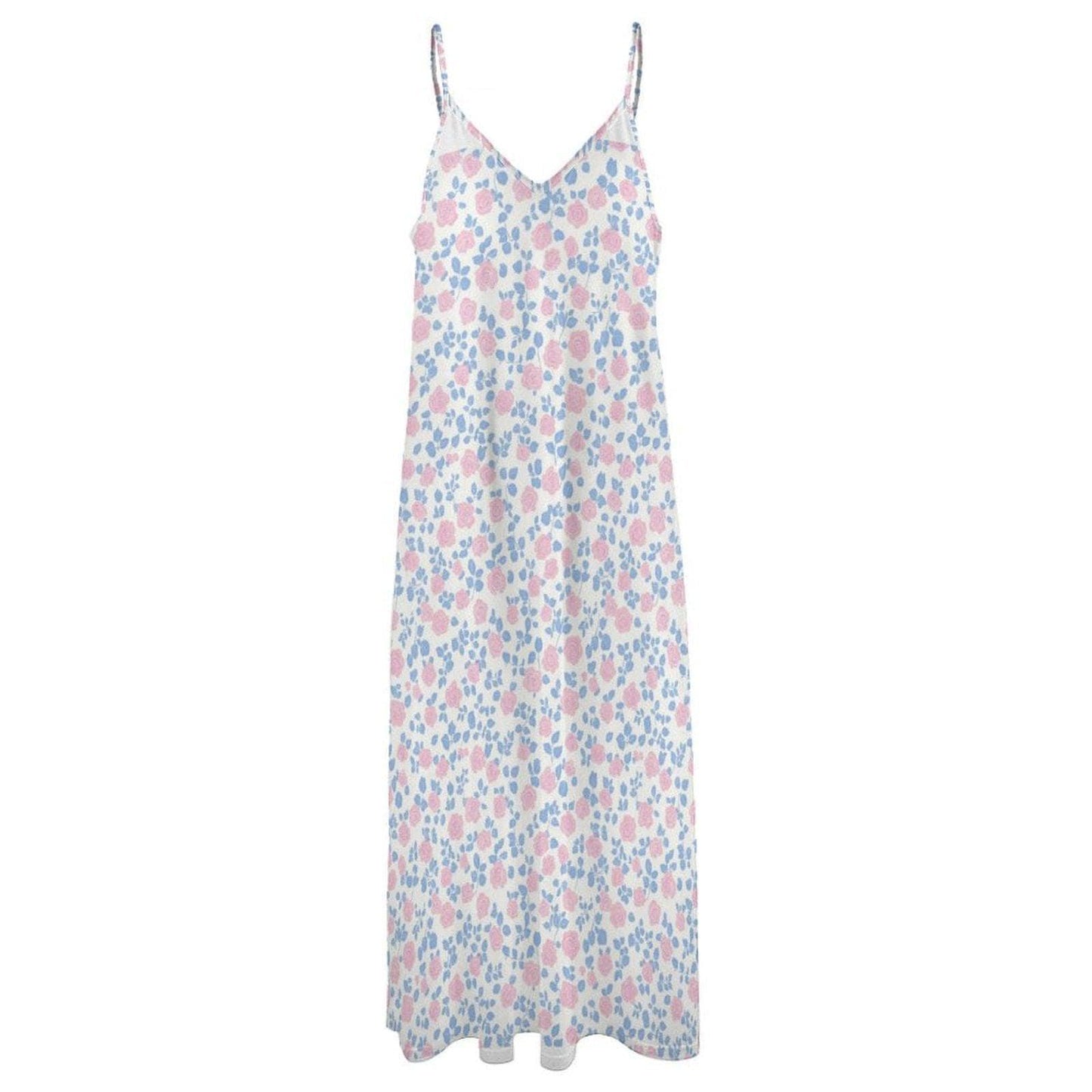 Ditsy Floral Maxi Dress, White Blue Pink Sleeveless Summer Sundress
