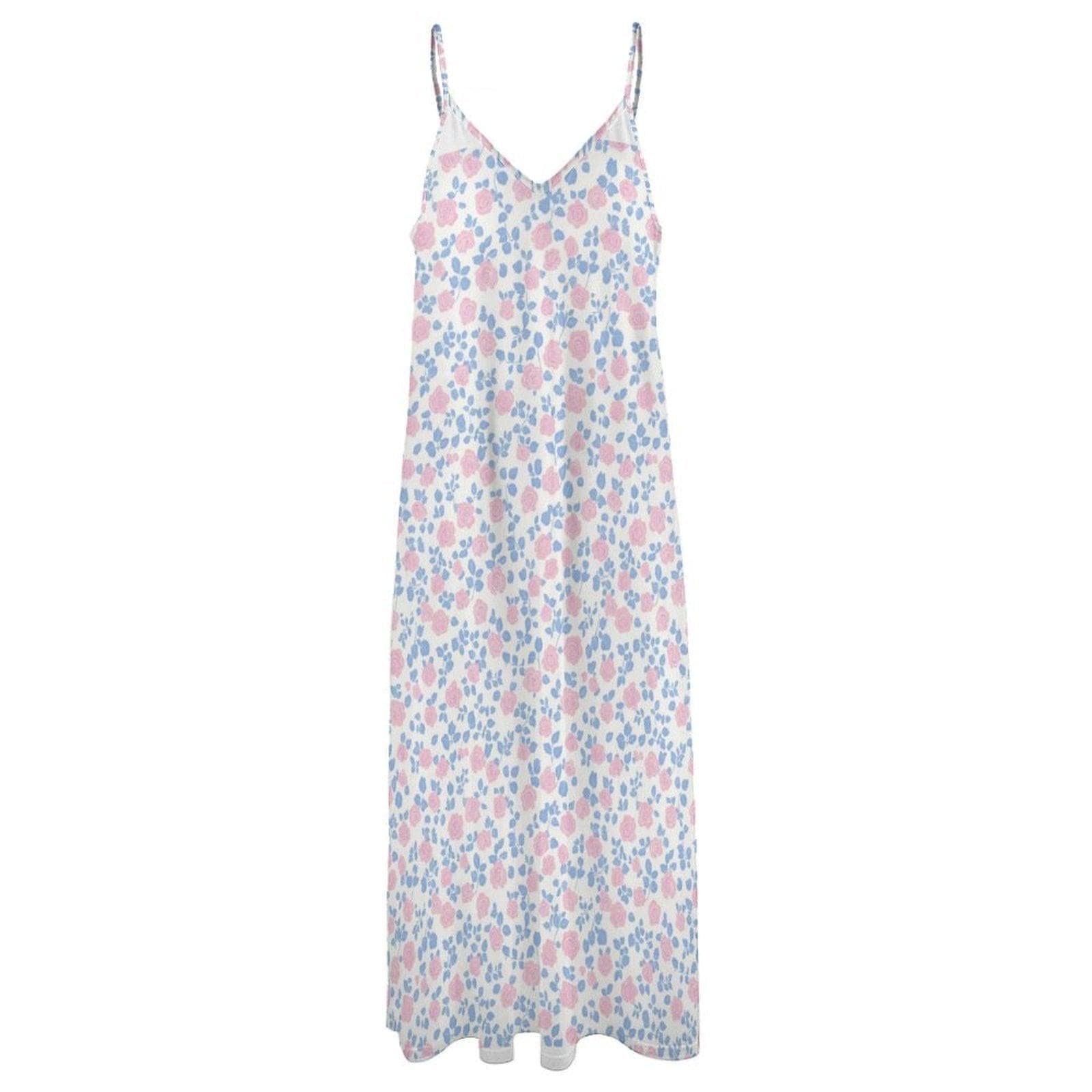 Ditsy Floral Maxi Dress, White Blue Pink Sleeveless Summer Sundress