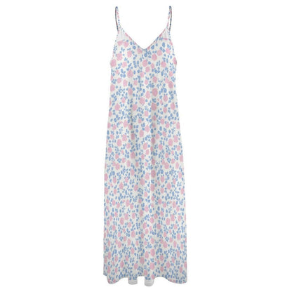 Ditsy Floral Maxi Dress, White Blue Pink Sleeveless Summer Sundress