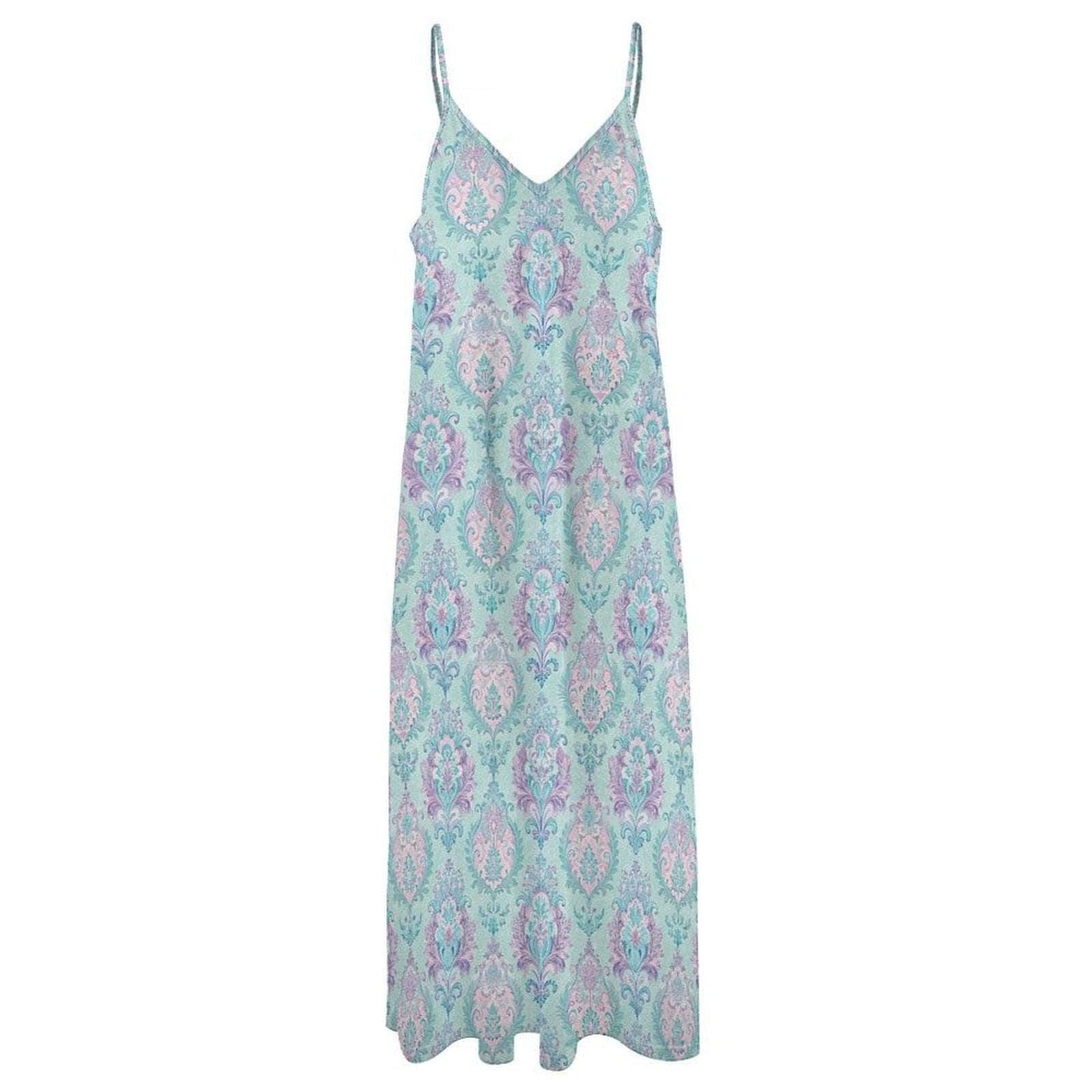 Turquoise Damask Print Maxi Dress, Boho Spaghetti Strap Sundress, Beach Vacation Wear