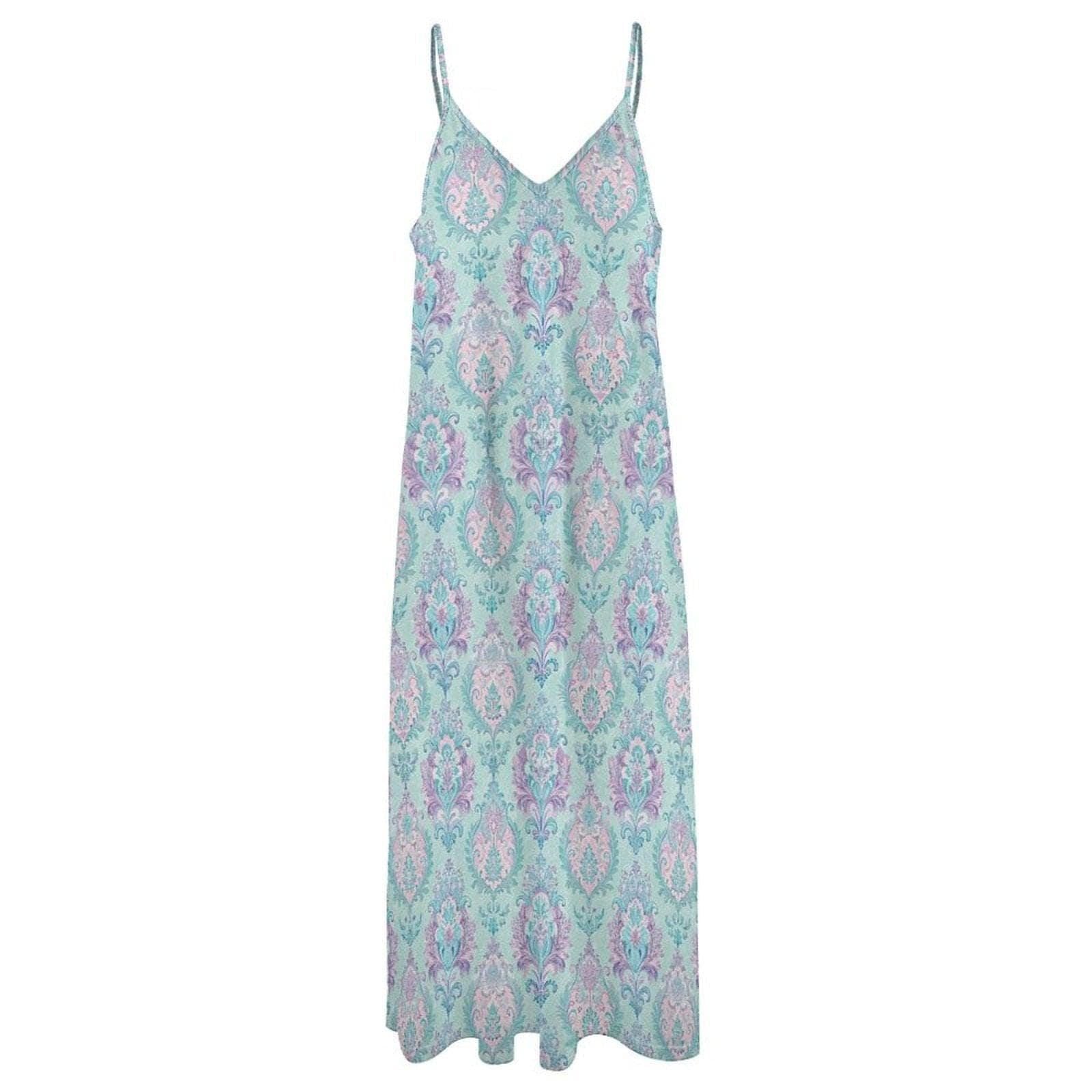Turquoise Damask Print Maxi Dress, Boho Spaghetti Strap Sundress, Beach Vacation Wear