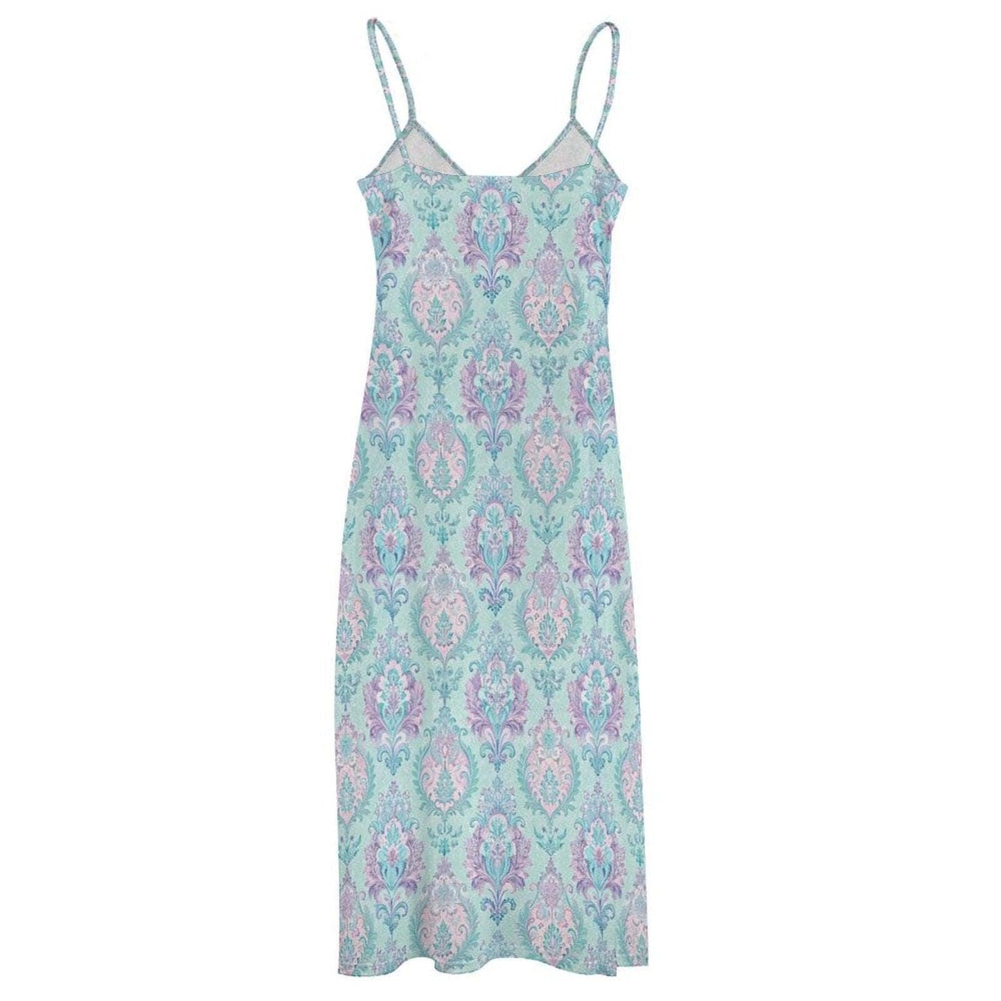 Turquoise Damask Print Maxi Dress, Boho Spaghetti Strap Sundress, Beach Vacation Wear