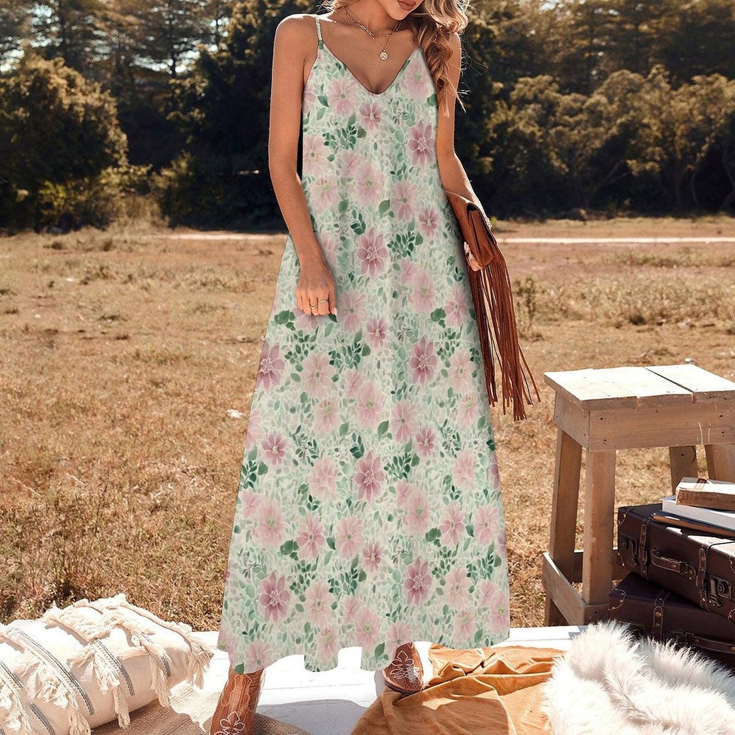 Pink Watercolor Floral Maxi Dress, Spaghetti Strap V Neck Summer Sundress