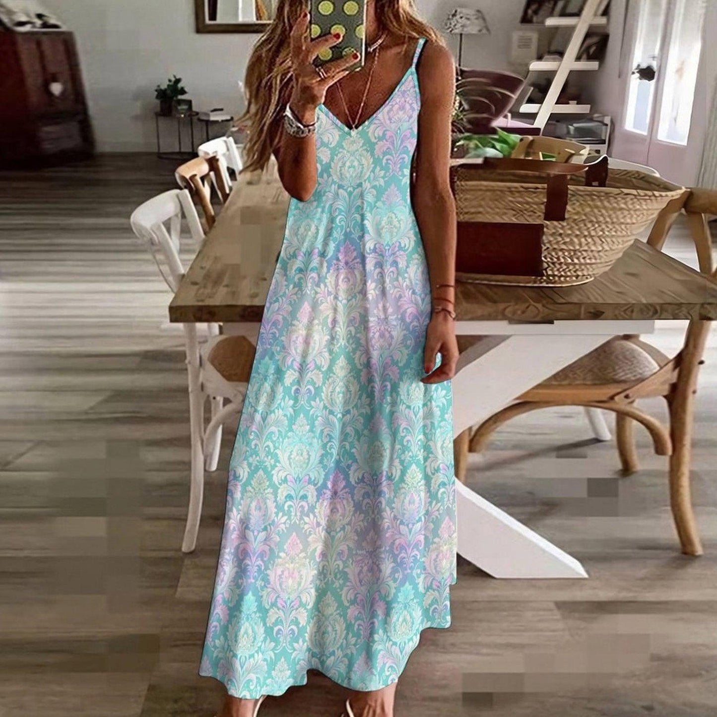 Fairycore Maxi Dress, Mint Green Pastel Damask Print, Iridescent Summer Beach Wear