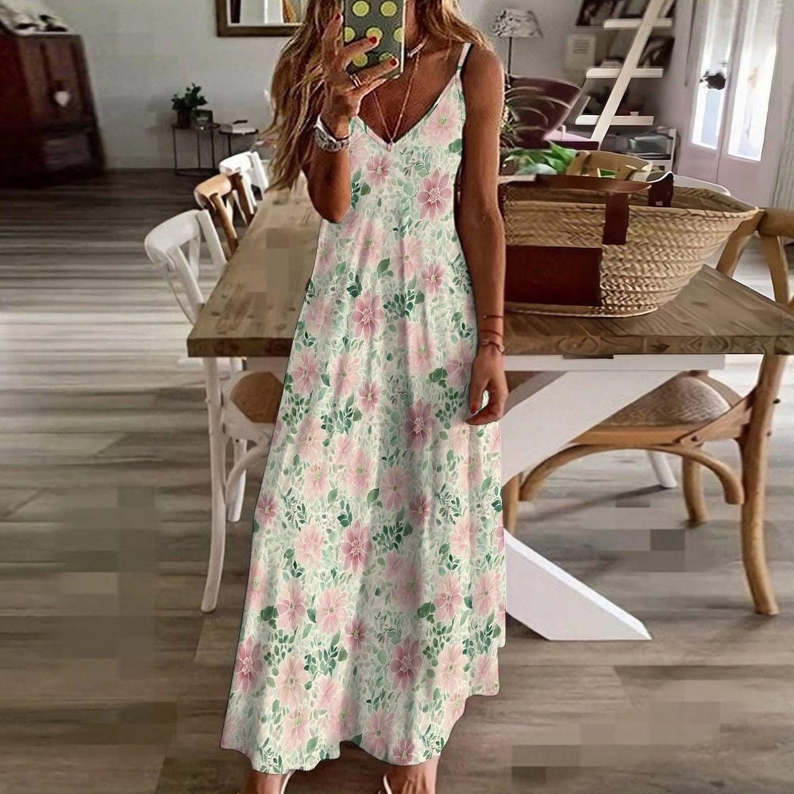 Pink Watercolor Floral Maxi Dress, Spaghetti Strap V Neck Summer Sundress