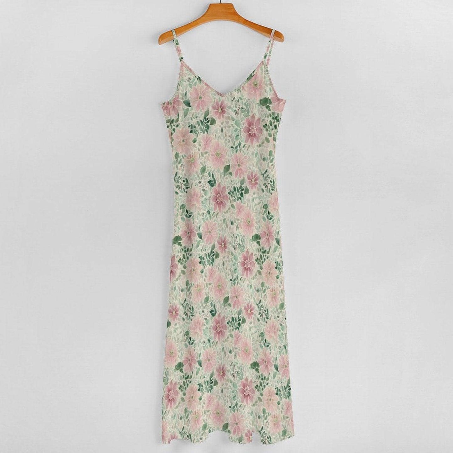 Pink Watercolor Floral Maxi Dress, Spaghetti Strap V Neck Summer Sundress