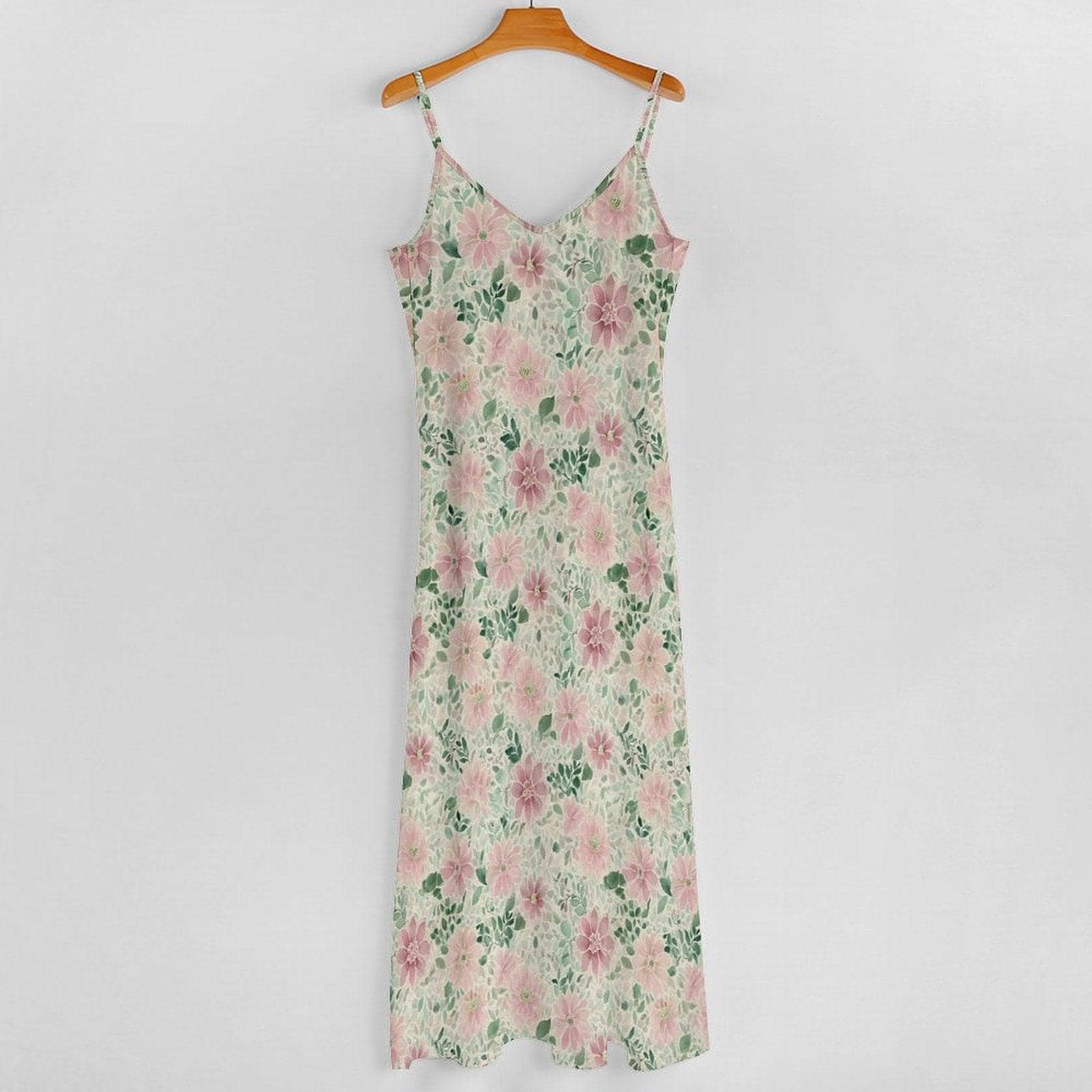 Pink Watercolor Floral Maxi Dress, Spaghetti Strap V Neck Summer Sundress