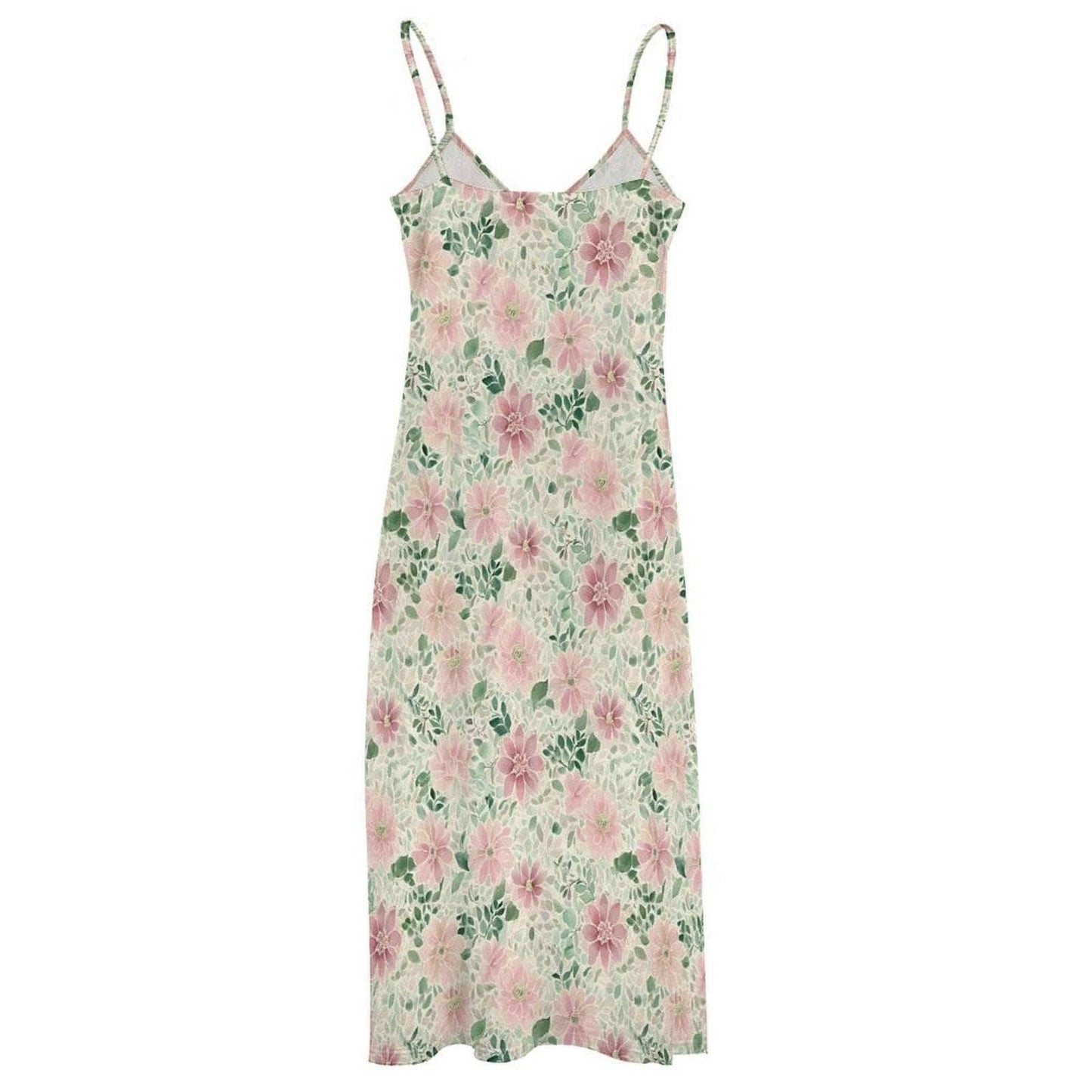 Pink Watercolor Floral Maxi Dress, Spaghetti Strap V Neck Summer Sundress