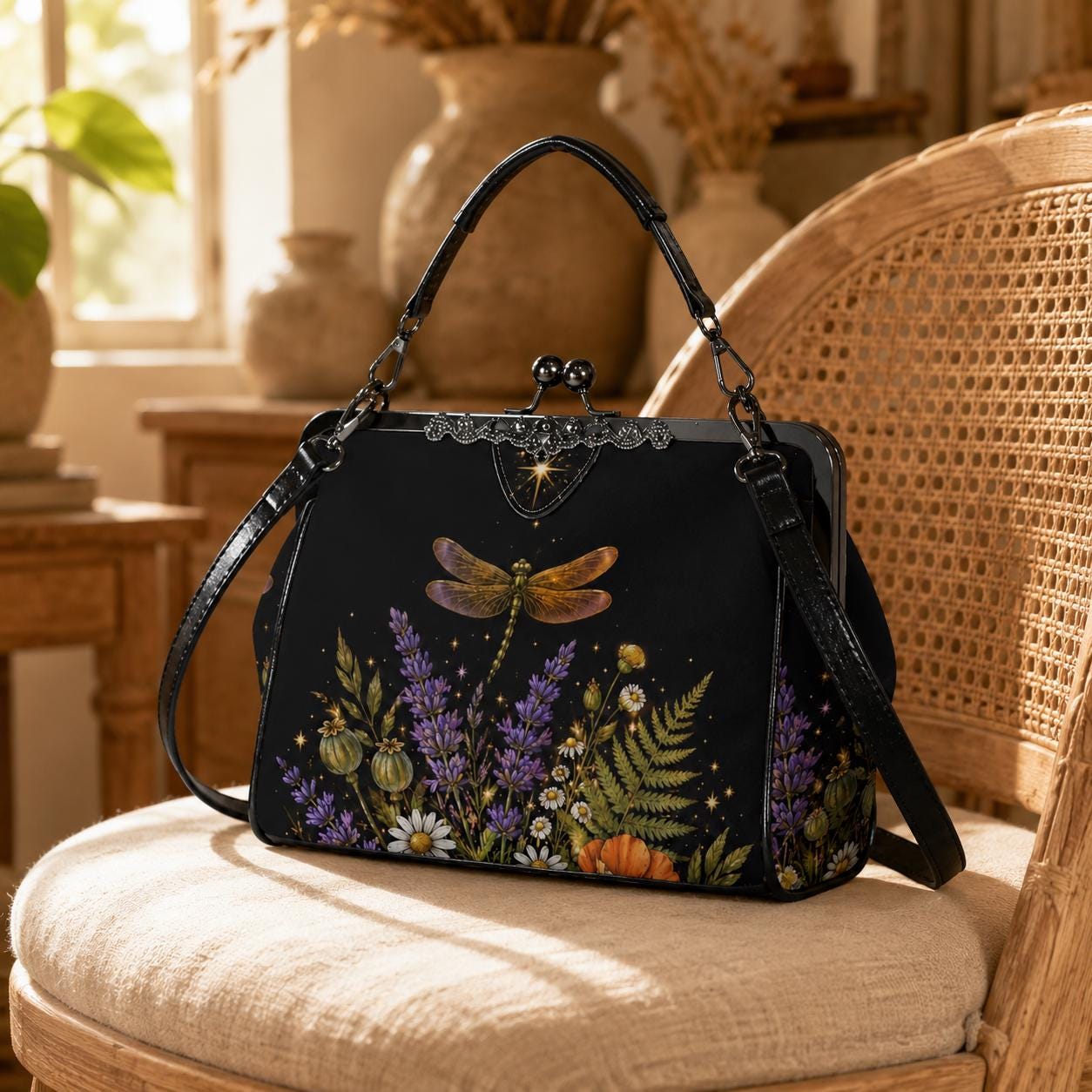 Witchy Dragonfly Kiss Lock Handbag, Botanical Cottagecore Shoulder Bag
